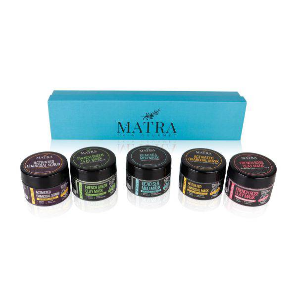 Matra Naturals Elegance Skincare Gift Pack Of 5 - Hyaluronic Acid Dead Sea Mask, Argan Oil Infused Charcoal Scrub, Green Tea & Kaolin Clay Mask, Activated Charcoal Mask with Bentonite And Aloe-vera Acne Reduction Treatment - Skin Brightening - Pore Cleanser for Men, Women