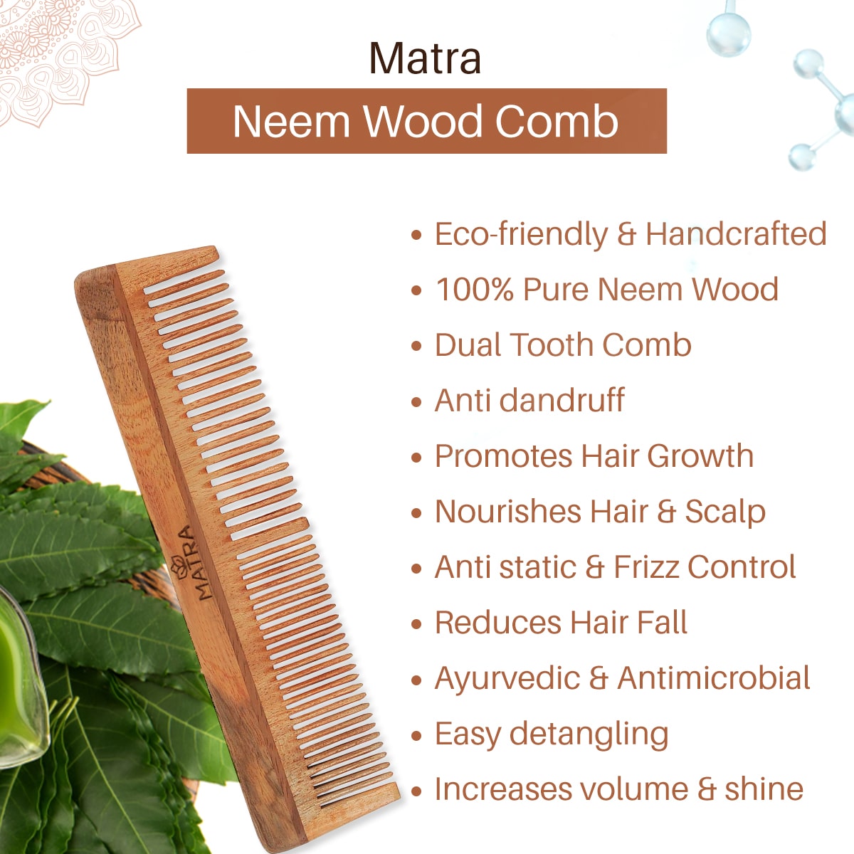 Matra Pure Neem Wood Comb | Neem Comb for Hair Growth and Anti Dandruff |  Fine and Wide Tooth Neem Wooden Comb for Women & Men | All Hair Types | Eco  Friendly 