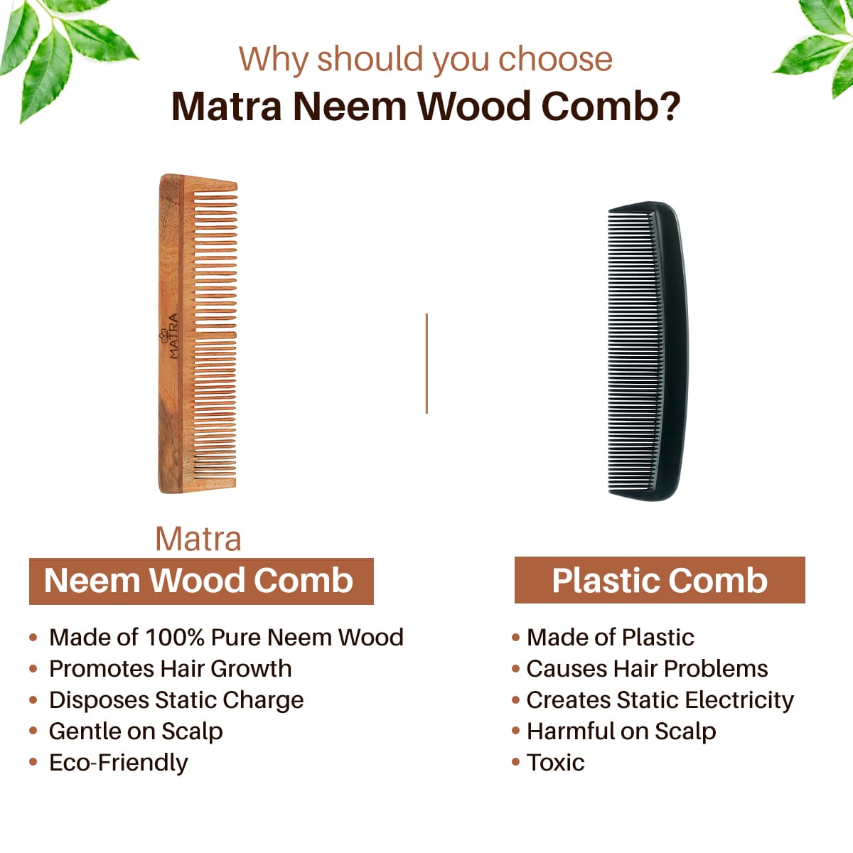 Matra Pure Neem Wood Comb | Neem Comb for Hair Growth and Anti Dandruff |  Fine and Wide Tooth Neem Wooden Comb for Women & Men | All Hair Types | Eco  Friendly 