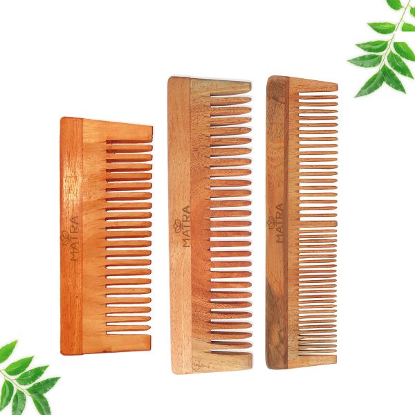 Matra Professional Pure Neem Wood Combs Combo | Neem Comb for Hair Growth, Hairfall, Frizz Control, Anti Dandruff & Hair Styling Neem Wooden Comb | All Hair Types | Anti-Bacterial & Eco Friendly