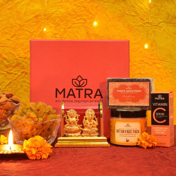 Matra Deepawali Glow Box Skincare Gift Hamper with Lakshmi Ganesh Idols, Elegant Metal Diyas, Almonds & Raisins