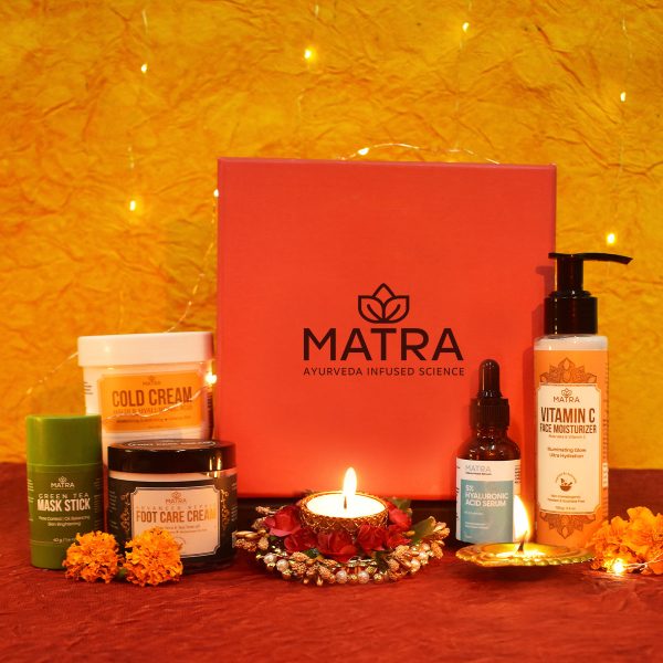 Matra Special Diwali Skincare Gift Hamper with Rose Candle Holder and Set of Elegant Metal Diyas