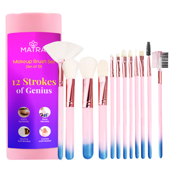 Matra Professional Makeup Brush Set with Storage Barrel (12 pcs) - Travel Makeup Brushes for Full Face Makeup - Cosmetic Brushes with Premium Synthetic Bristles - Portable Makeup Kit with Holder Case