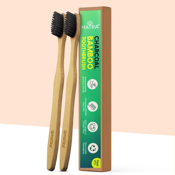 Matra Charcoal Bamboo Toothbrush with Soft Bristles & Floss Tip for Complete Oral Care (2 pc)