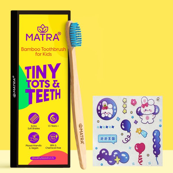 Matra Bamboo Toothbrush for Kids with Ultra Soft Bristles, Small Brush Head with Cute Stickers (Blue)