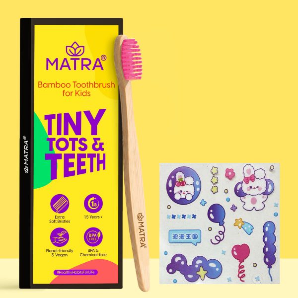 Matra Bamboo Toothbrush for Kids with Ultra Soft Bristles, Small Brush Head with Cute Stickers (Pink)