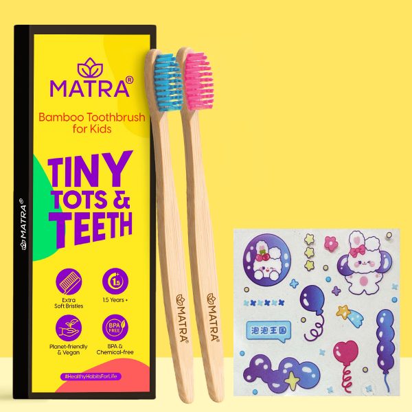 Matra Bamboo Toothbrush for Kids Set with Ultra Soft Bristles, Small Brush Head with Cute Stickers (2 pcs)