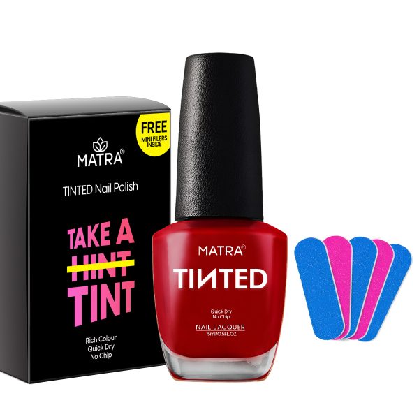 Matra TINTED Code Red Nail Polish Paint with 5 Mini Nail Filers (15ml) - Classic Hot Red Nail Enamel Quick Dry, Long-lasting, No Chip, Rich Colour - Non-UV Nail Lacquer - No Toxin, Cruelty-free