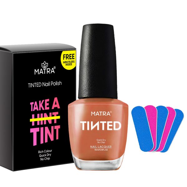 Matra TINTED Coral Peach Nail Polish Paint with 5 Mini Nail Filers (15ml) - Muted Orange Nail Enamel Quick Dry, Long-lasting, No Chip, Rich Colour - Non-UV Nail Lacquer - No Toxin, Cruelty-free