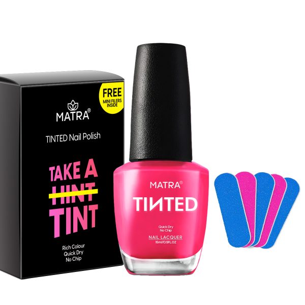 Matra TINTED Barbie Pink Nail Polish Paint with 5 Mini Nail Filers (15ml) - Hot Pink Nail Enamel Quick Dry, Long-lasting, No Chip, Rich Colour - Non-UV Nail Lacquer - No Toxin, Cruelty-free