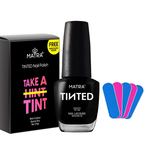 Matra TINTED All Black Nail Polish Paint with 5 Mini Nail Filers (15ml) - Dark Ebony Nail Enamel Quick Dry, Long-lasting, No Chip, Rich Colour - Non-UV Nail Lacquer - No Toxin, Cruelty-free