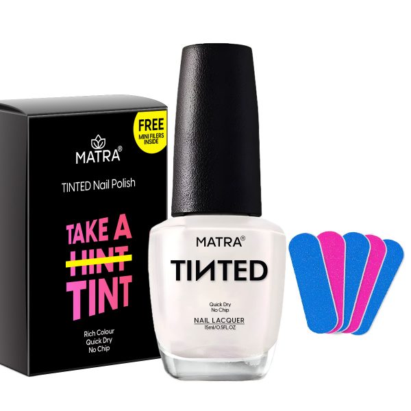 Matra TINTED Pearly White Nail Polish Paint with 5 Mini Nail Filers (15ml) - Neutral Ivory Nail Enamel Quick Dry, Long-lasting, No Chip, Rich Colour - Non-UV Nail Lacquer - No Toxin, Cruelty-free