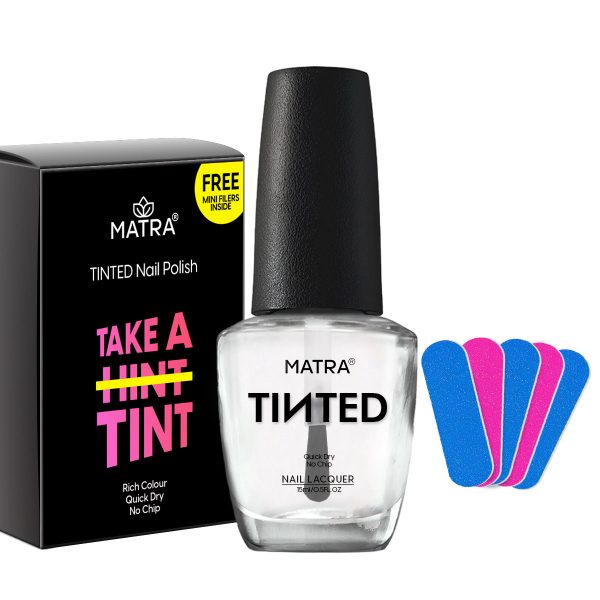 Matra TINTED Transparent Nail Polish Paint with 5 Mini Nail Filers (15ml) - Gloss Coat Nail Enamel Quick Dry, Long-lasting, No Chip, Rich Colour - Non-UV Nail Lacquer - No Toxin, Cruelty-free