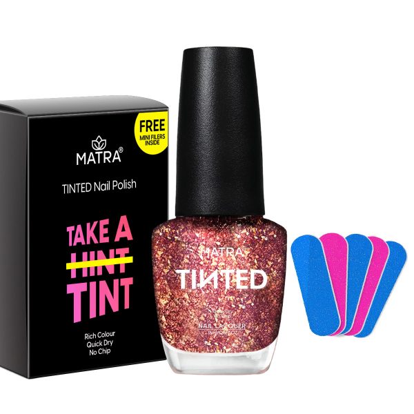 Matra TINTED Rosy Flakes Glitter Nail Polish Paint with 5 Mini Nail Filers (15ml) - Confetti Nail Enamel Coat Quick Dry, Long Stay, No Chip, Rich Colour - Non-UV Nail Lacquer - No Toxin, Cruelty-free