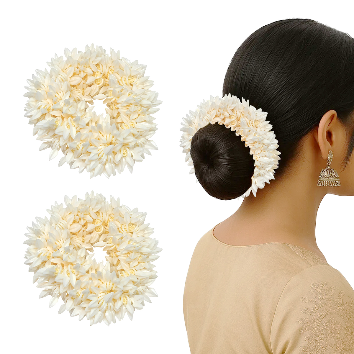 Matra Hair Gajra Scrunchies (2 pcs) - Mogra Scented Artificial Gajra Accessory for Bridal Bun Juda, Ponytails & Flower Jewelry - Reusable Hair Veni Rubber Band for Weddings, Parties & Classical Dance