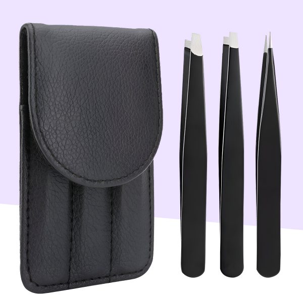 Matra Tweezer Set of 3 - Stainless Steel Tweezers with Leather Pouch for Eyebrow Shaping, Facial Hair, Ingrown Hair & Splinter Removal - Precision Pluckers for Lash Extensions & Rhinestone Application