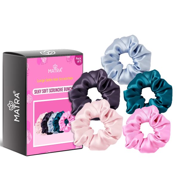 Matra Large Hair Scrunchies Set (5 pcs) - Stylish Silk Satin Scrunchies for Anti Hair Breakage & Frizz Control - Elastic Hair Ties in Assorted Neutral Colours - Plush Ponytail Holder Bands Gift Pack