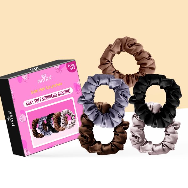 Matra Hair Scrunchies Set (5 pcs) - Stylish Silk Satin Scrunchies for Anti Hair Breakage & Frizz Control - Elastic Hair Ties in Assorted Neutral Colours - Plush Ponytail Holder Hair Bands Gift Pack