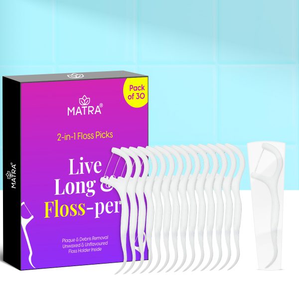 Matra Dental Floss Picks (30 pcs) - 2-in-1 Flosser Sticks with Flossing Thread & Angled Toothpick - Disposable Plastic Toothpick Flosser Set for Plaque, Debris Removal, Fresh Breath & Oral Hygiene