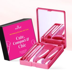Matra 5 in 1 Mini Makeup Brush Set with Mirror Case - Travel Makeup Kit with Powder, Foundation, Eyeshadow Blender, Shader & Lip Brushes - Portable Cosmetic Set with Storage Box for Face & Eye Makeup