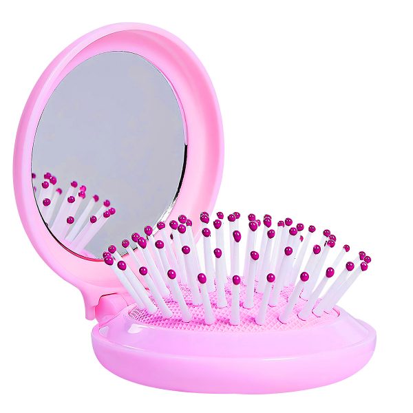 Matra 2-in-1 Hair Brush with Mirror - Compact Folding Hair Brush Comb & Mini Makeup Mirror for Quick Touchup - Small Round Pop-Up Massage Brush & Pocket Vanity Mirror - Foldable Travel Sized Accessory