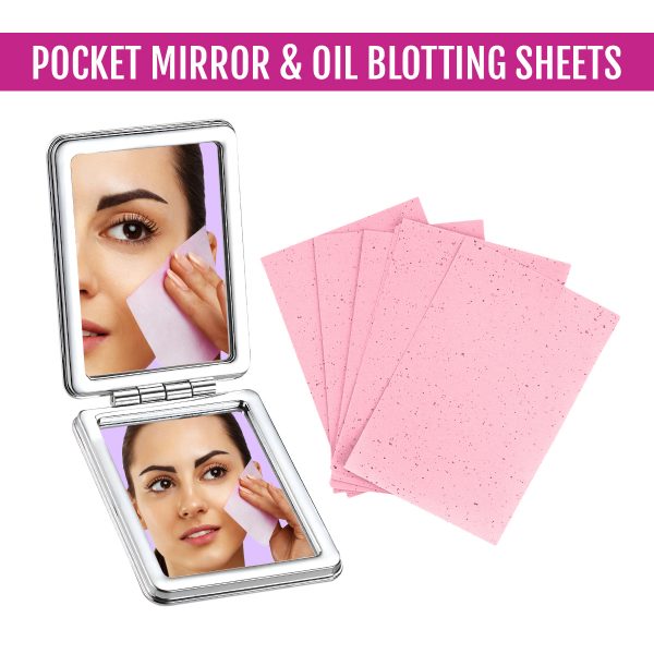 Matra Foldable Hand Mirror & Oil Blotting Sheets - Dual Sided Makeup Mirror with 2x Magnification - Rose Infused Mattifying Oil Control Tissues for Oily Skin - Portable Pocket Sized Travel Makeup Set