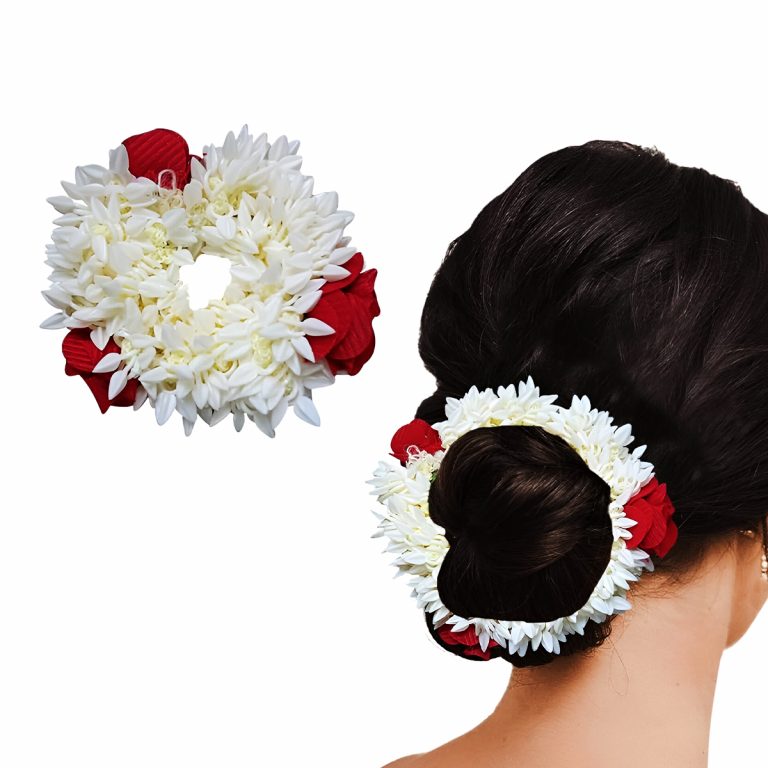 Matra Scented Mogra Rose Flower Hair Gajra Scrunchie (1 pc) - Elegant Artificial Fake Bun Juda Accessories with Floral Design for Festivals, Weddings, Traditional Wear, Hair Styling, and Reusable Rubber Band