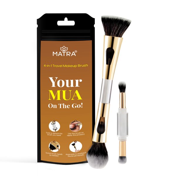 Matra 4 in 1 Travel Makeup Brush - Dual Ended Makeup Brush with Powder, Foundation, Eyeshadow Blending & Flat Brushes - Multifunctional Cosmetic Applicator with Soft Synthetic Bristles for Full Face