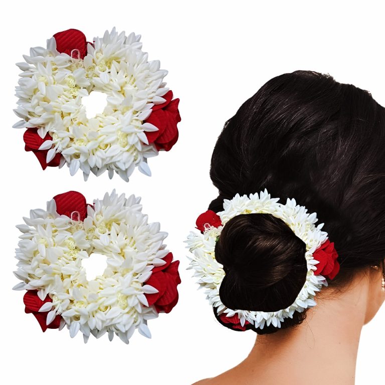 Matra Scented Mogra Rose Flower Hair Gajra Scrunchie (2 pcs) - Elegant Artificial Fake Bun Juda Accessories with Floral Design for Festivals, Weddings, Traditional Wear, Hair Styling, and Reusable Rubber Band