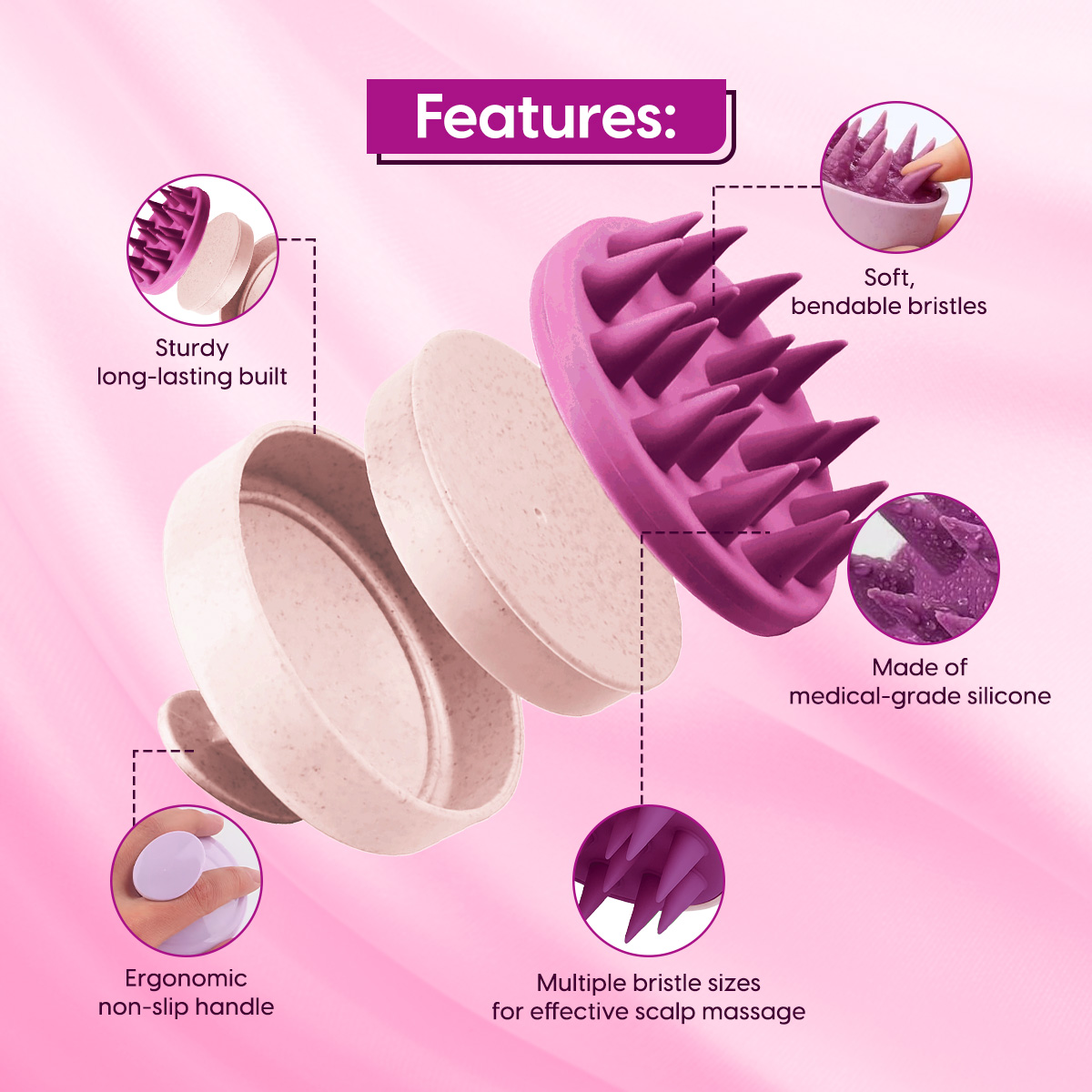 Matra Silicone Hair Scalp Massager & Anti Dandruff Shampoo Brush With Detachable Handle (Dual Tone) - Image 4