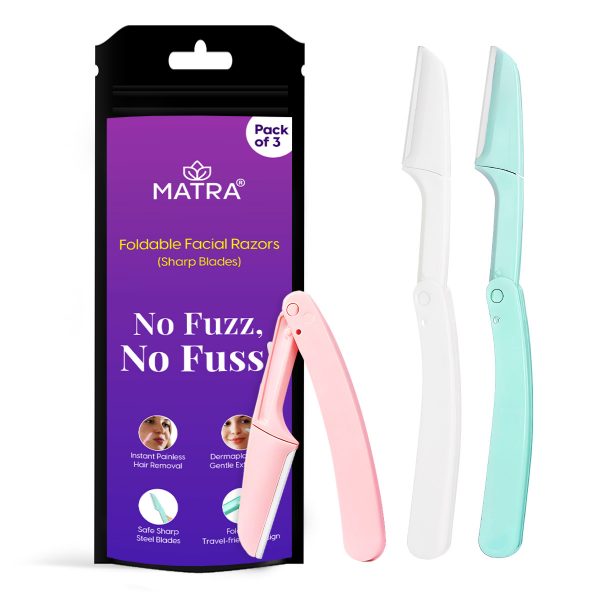 Matra Foldable Facial Razors (3 pcs) - Reusable Face & Eyebrow Razor with Sharp Blade for Instant & Painless Facial Hair Removal - Face Razor Dermaplaning Tool for Upper Lips, Peach Fuzz, Sideburn