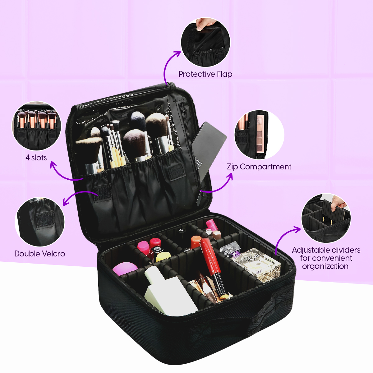 Matra Makeup Organizer Bag Cosmetic Travel Kit Vanity Box with Adjustable Dividers Partitions Sections Compartments Toiletry Storage Professional Portable Train Case - Image 3