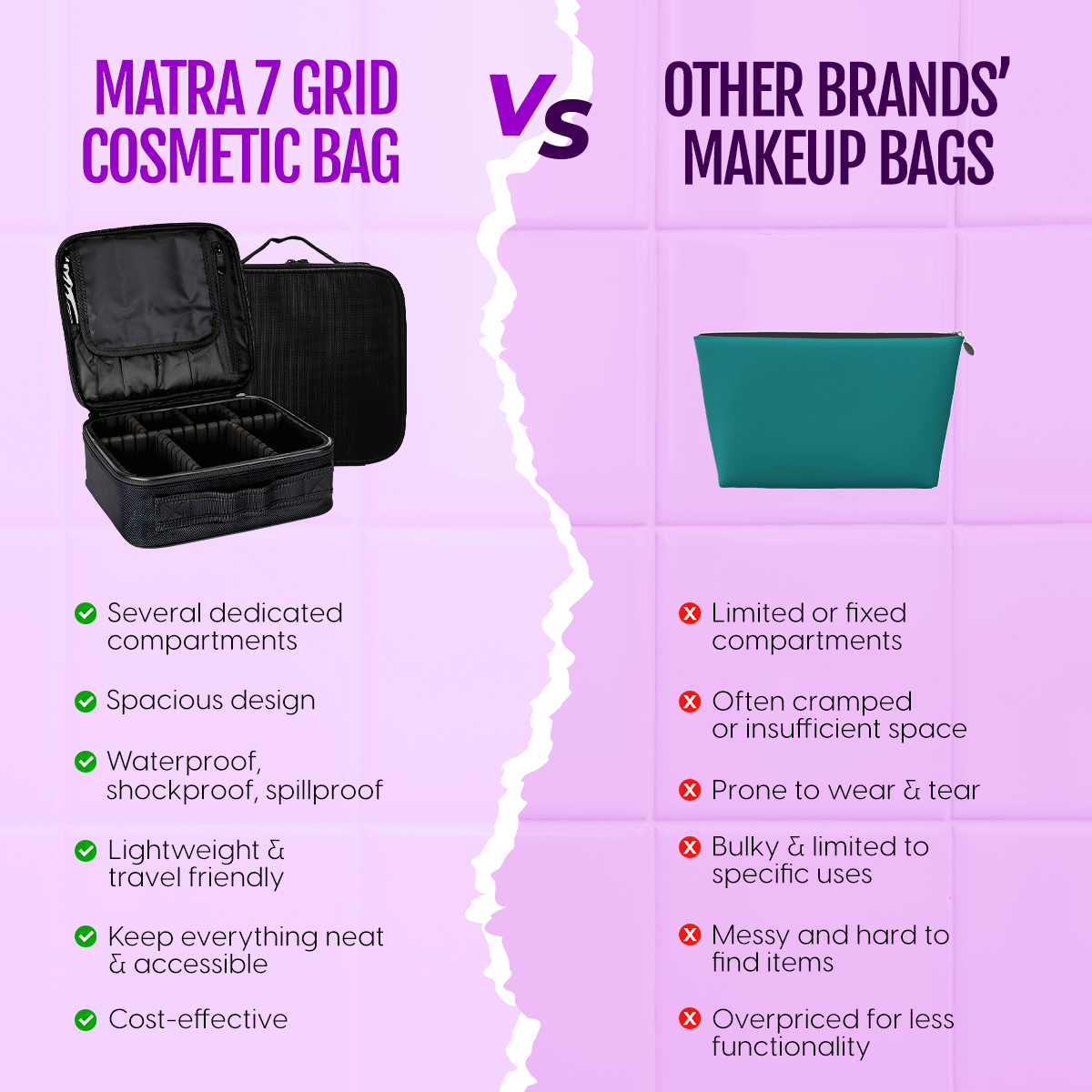 Matra Makeup Organizer Bag Cosmetic Travel Kit Vanity Box with Adjustable Dividers Partitions Sections Compartments Toiletry Storage Professional Portable Train Case - Image 6