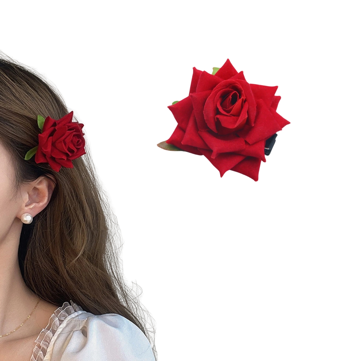 Matra Red Rose Hair Clip Artificial Flower Accessory Bridal Hairpin Floral Brooch for Bun Braid Juda Hairstyle Wedding Party Bride for Women and Girls