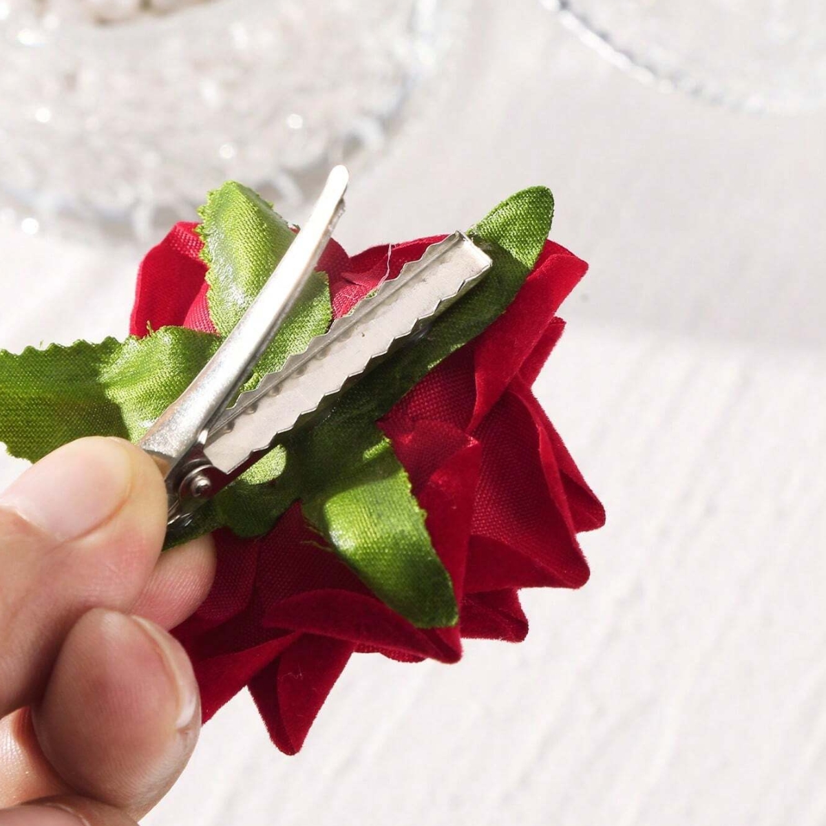 Matra Red Rose Hair Clip Artificial Flower Accessory Bridal Hairpin Floral Brooch for Bun Braid Juda Hairstyle Wedding Party Bride for Women and Girls - Image 3