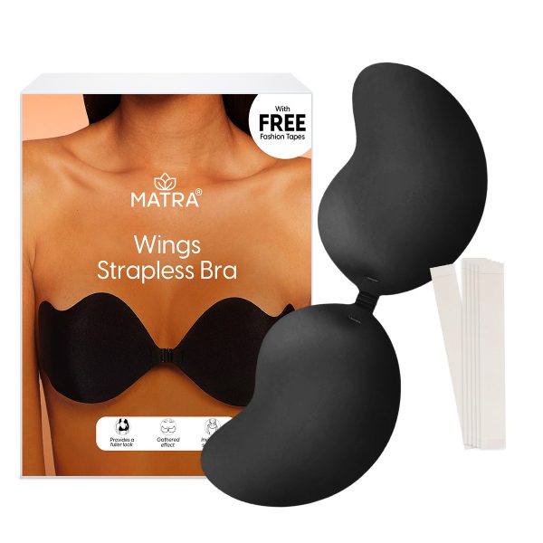 Matra Wings Strapless Bra Silicone Adhesive Invisible Stick On Backless Sticky Wire Free Lightly Padded Silicon Reusable Lift Cups in Black with Free Fashion Tapes for Women and Girls