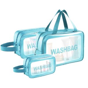 Matra Travel Bags Set of 3 - Transparent Organizer Wash Bags for Toiletries, Makeup, Cosmetics, Bathroom Accessories - PU Waterproof Toiletry Storage Kit with Multipurpose Portable Clear Carry Pouches