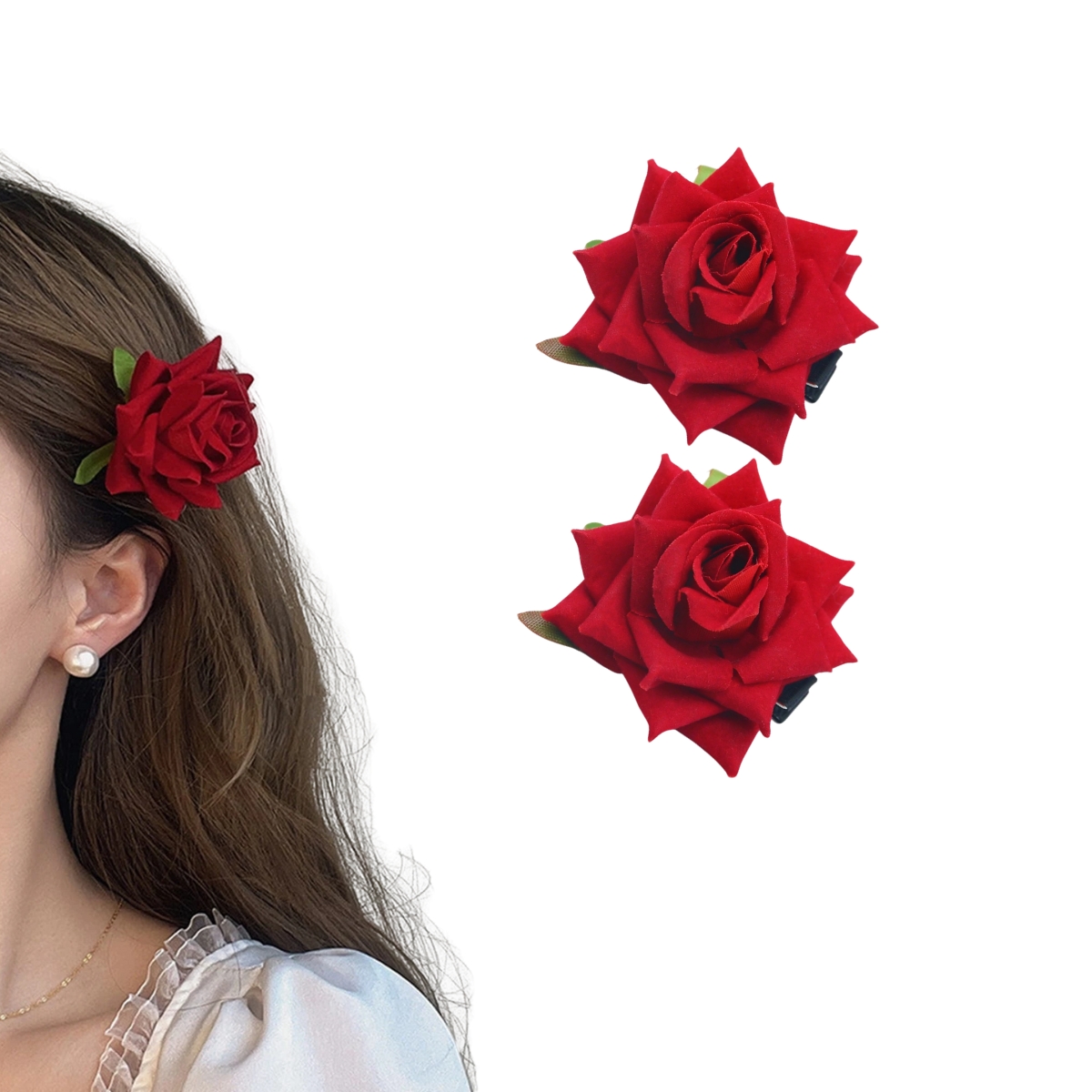 Matra Red Rose Hair Clip Artificial Flower Accessory Bridal Hairpin Floral Brooch for Bun Braid Juda Hairstyle Wedding Party Bride for Women and Girls 2Pcs