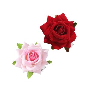 Matra Rose Hair Clip Artificial Flower Accessory Bridal Hairpin Floral Red Pink Brooch for Bun Braid Juda Hairstyle Wedding Party Bride for Women and Girls 2Pc