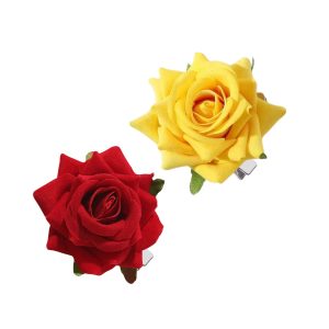 Matra Rose Hair Clip Artificial Flower Accessory Bridal Hairpin Floral Red Yellow Brooch for Bun Braid Juda Hairstyle Wedding Party Bride for Women and Girls 2Pc