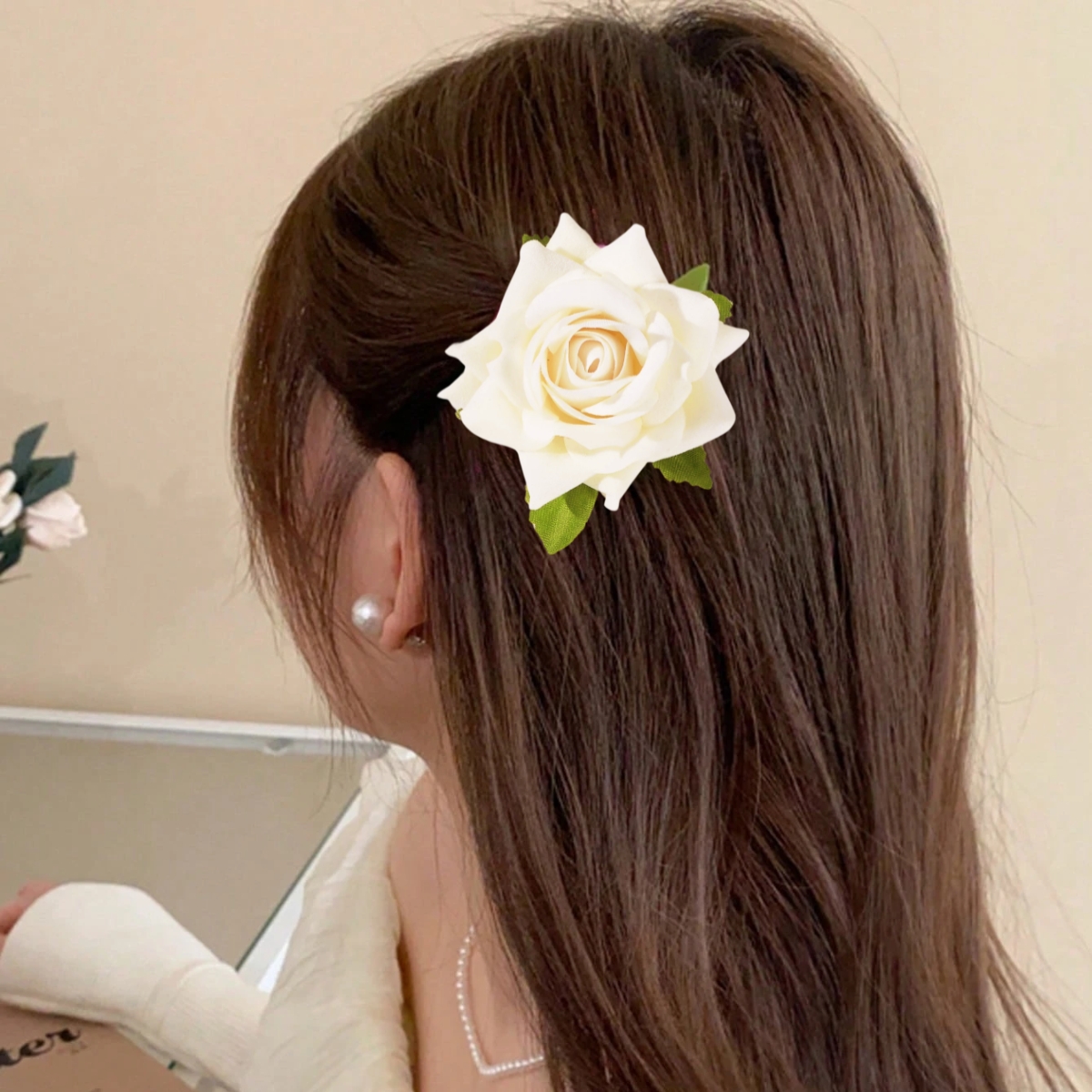 Matra Rose Hair Clip Artificial Flower Accessory Bridal Hairpin Floral White Brooch for Bun Braid Juda Hairstyle Wedding Party Bride for Women and Girls - Image 4