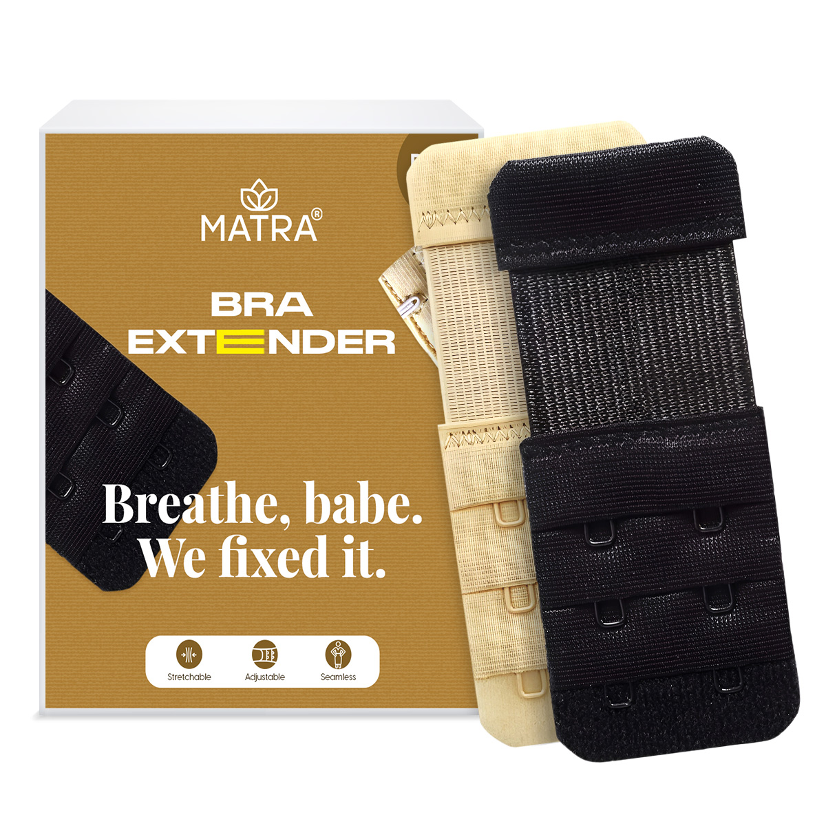 Matra Bra Extender Stretchable Elastic Extension Strap Adjustable Buckle 2 Hook 3 Eye Beige Black 2Pc