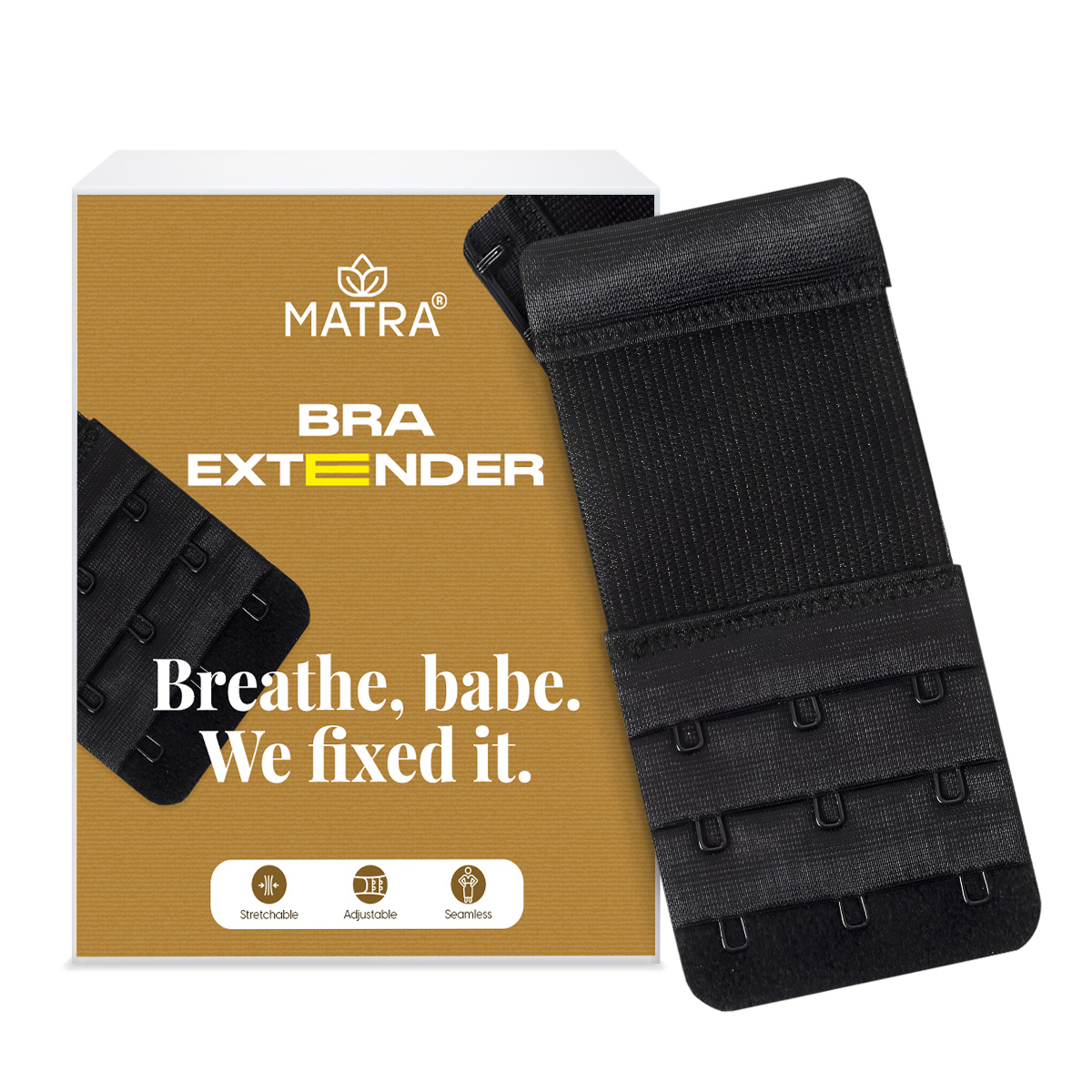 Matra Bra Extender Stretchable Elastic Extension Strap Adjustable Buckle Clasp 3 Hook 3 Eye Black
