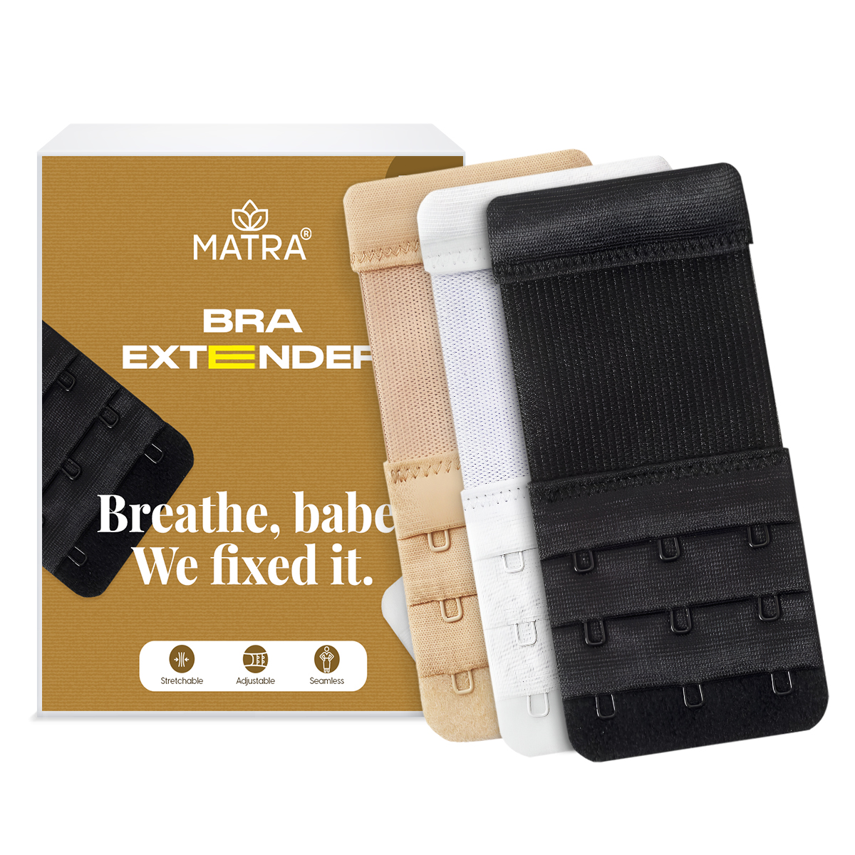 Matra Bra Extender Stretchable Elastic Extension Adjustable Strap 3 Hook 3 Eye Beige Black White 3Pc