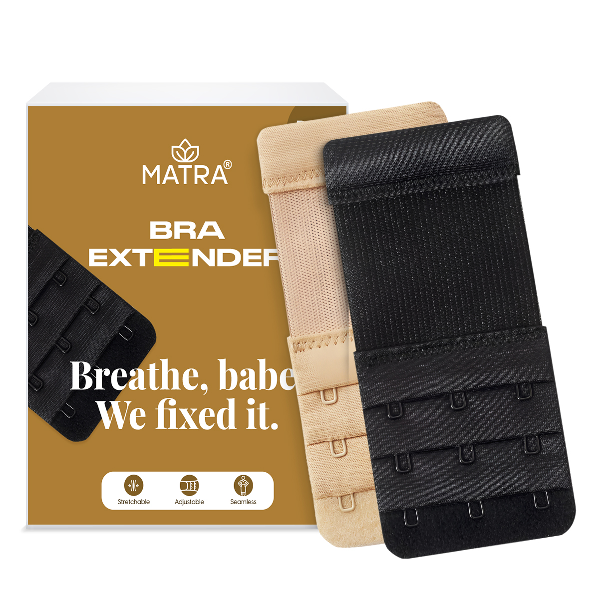 Matra Bra Extender Stretchable Elastic Extension Strap Adjustable Buckle 3 Hook 3 Eye Beige Black 2Pc