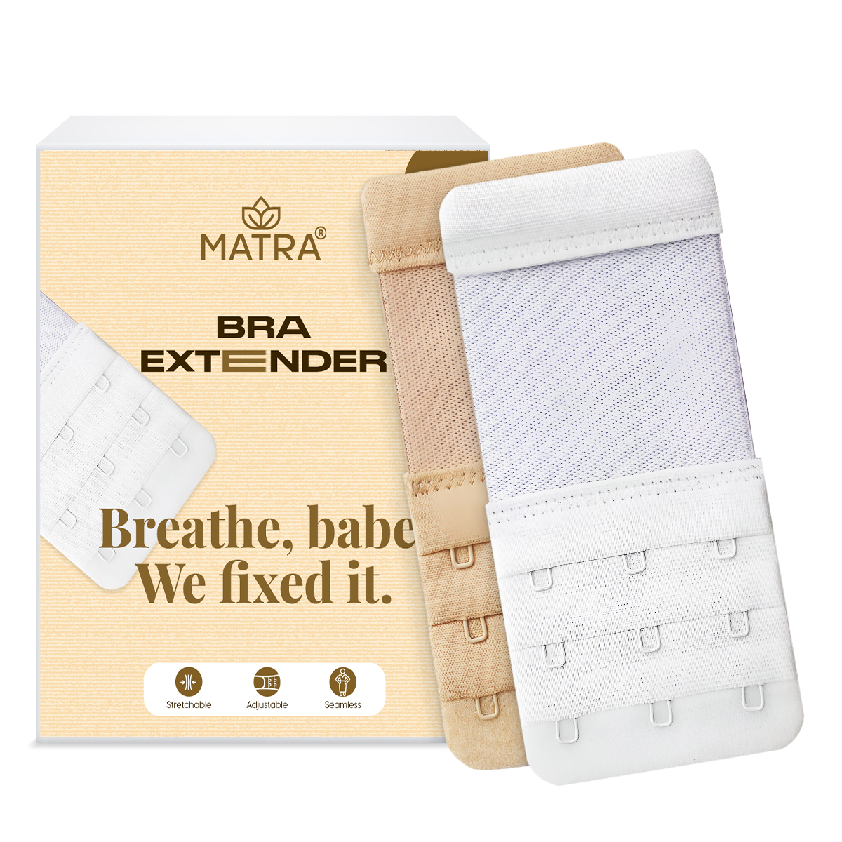 Matra Bra Extender Stretchable Elastic Extension Strap Adjustable Buckle 3 Hook 3 Eye Beige White 2Pc