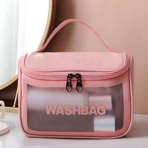 Matra Transparent Travel Wash Bag Toiletry Organizer Makeup Cosmetic Pouch Kit Hook Handle Pink