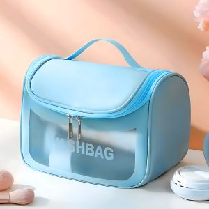 Matra Transparent Travel Wash Bag Toiletry Organizer Makeup Cosmetic Pouch Kit Hook Handle Blue