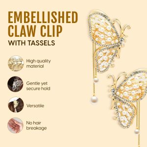 Alternative view of Matra Embellished Butterfly Rhinestone Tassel Pearl Studded Gold Hair Clutcher