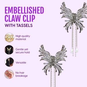 Alternative view of Matra Embellished Butterfly Wings Rhinestone Tassel Pearl Studded Silver Hair Clutcher